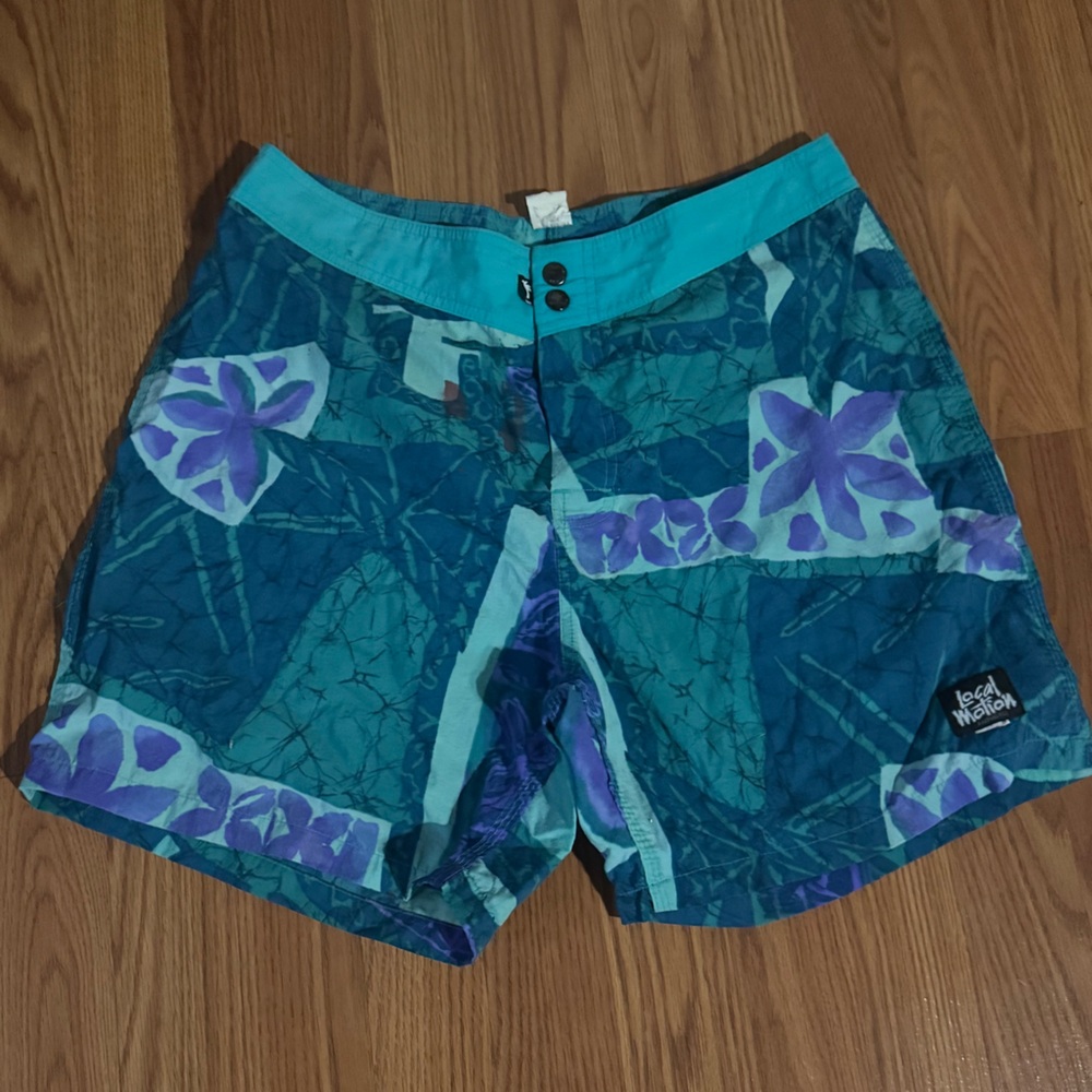 Vintage Teal Purple Floral‎ Hawaiian Tropical Swim Shorts Retro Resort Size M